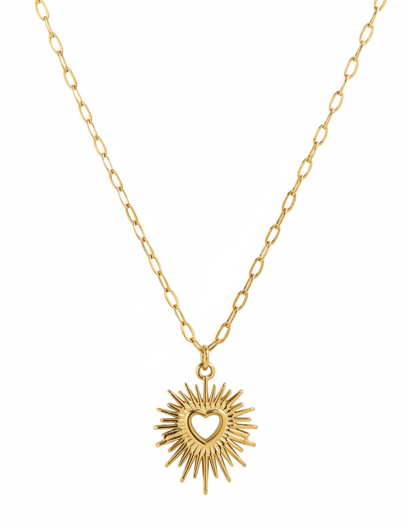 Stainless Heart Sunburst Necklace