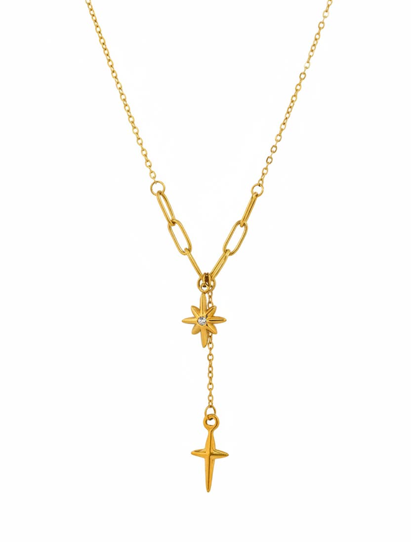Stainless Paperclip Chain Y-Drop Star & Dagger Necklace