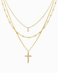 Triple Layered Pearl Cross Necklace