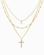 Triple Layered Pearl Cross Necklace