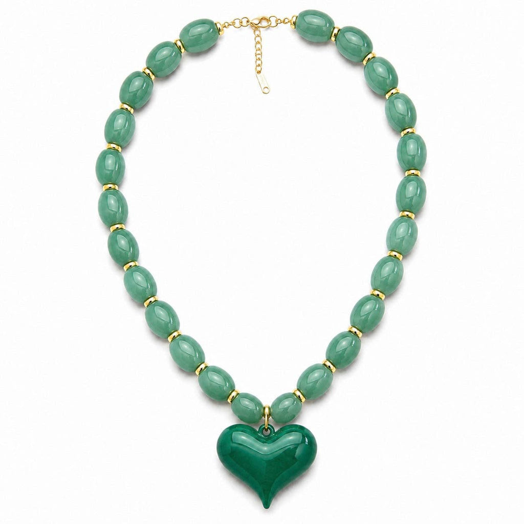 Almafi Green Resin Heart Chunky Statement Necklace | Stainless Steel