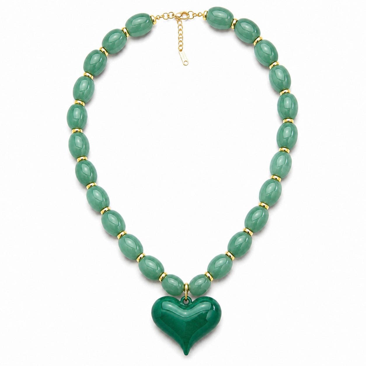 Almafi Green Resin Heart Chunky Statement Necklace | Stainless Steel